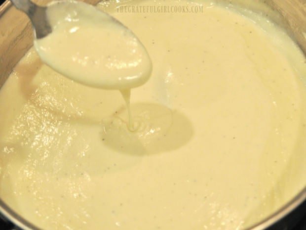 As the Alfredo sauce cooks, it thickens slightly and then it's ready for the pasta.