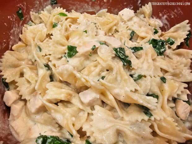 After combining, the bowtie pasta alfredo and chicken is seasoned with salt and pepper.