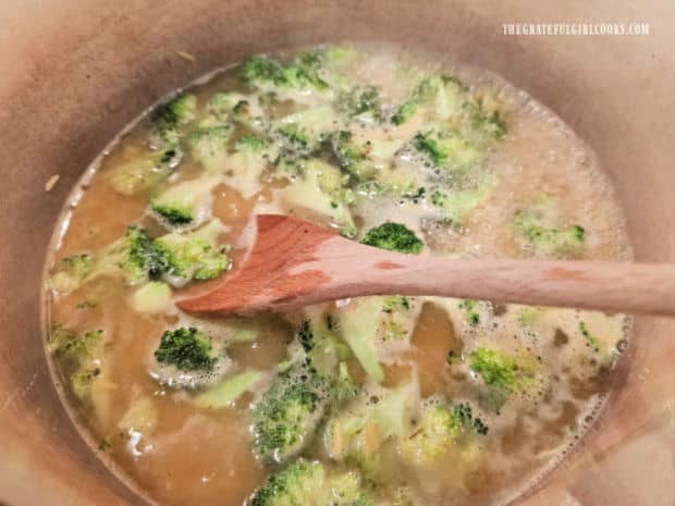 Chicken (or vegetable) broth is added to the broccoli and orzo.