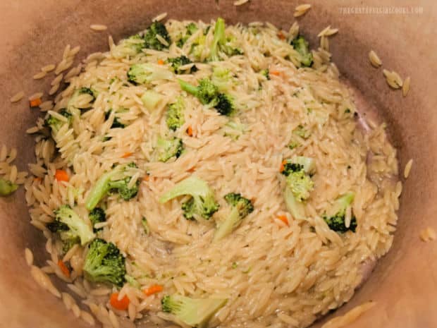 Orzo pasta is finished cooking, and all broth has been absorbed.