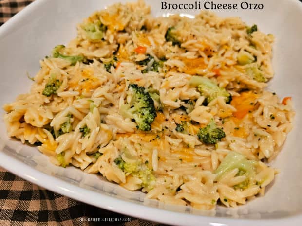 Broccoli Cheese Orzo is a delicious side dish with orzo pasta, broccoli, cheddar and Parmesan cheese, cooked in a creamy garlic sauce.
