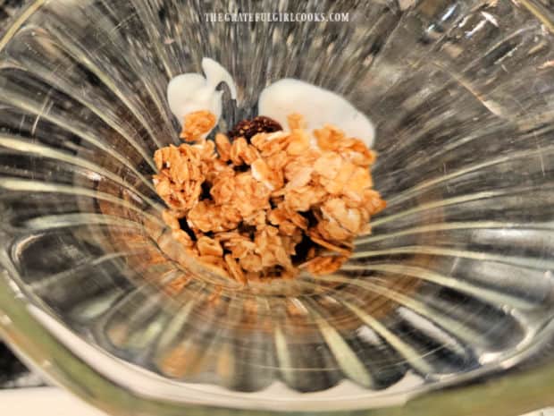 Fruit and Granola Parfait - The Grateful Girl Cooks! Vanilla yogurt is added to glass and topped with granola for first layer.