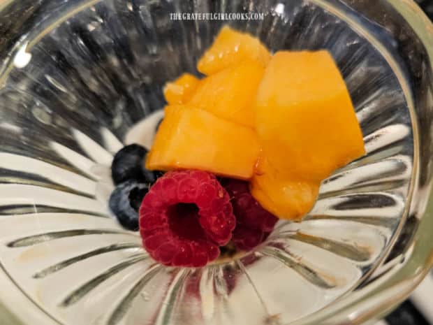 Fruit and Granola Parfait - The Grateful Girl Cooks! Fresh fruit (raspberries, blueberries and peaches are the next layer.