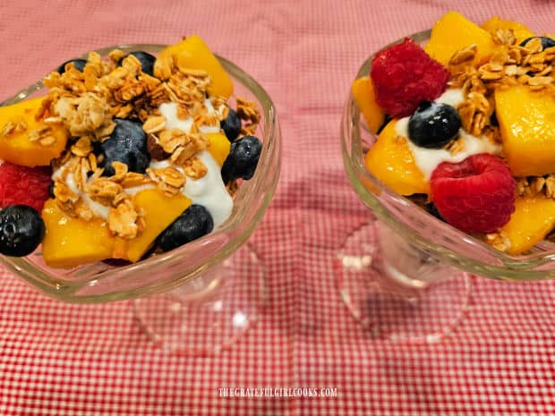 Fruit and Granola Parfait - The Grateful Girl Cooks! Fruit and granola parfaits are topped with granola and are ready to be enjoyed.