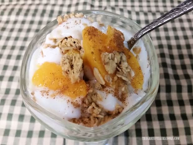 Fruit and Granola Parfait - The Grateful Girl Cooks! Sliced peaches are used to make another type of fruit and granola parfait.