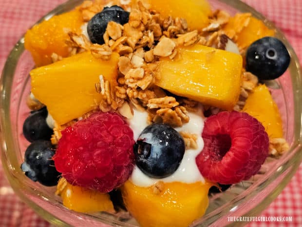 Fruit and Granola Parfait - The Grateful Girl Cooks! A fruit and granola parfait is ready to be eaten for breakfast!