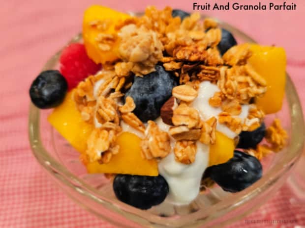 Fruit and Granola Parfait - The Grateful Girl Cooks! Want a quick and easy breakfast? Make a yummy fruit and granola parfait with fresh fruit, crunchy granola and creamy vanilla yogurt!