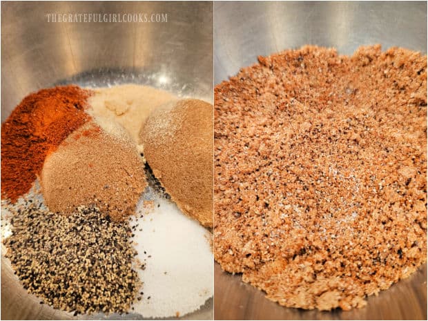 Spices are combined to make a seasoning mixture for the brined pork chops.