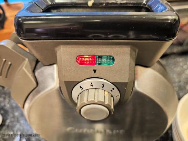 Using our Belgian waffle maker to make waffles.