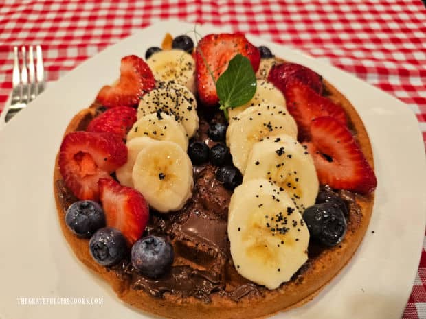 A Nutella and Fruit Waffle, beautifully decorated and ready to eat!