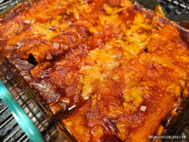 Air Fryer Cheese Enchiladas - The Grateful Girl Cooks! A dish full of cooked air fryer cheese enchiladas.