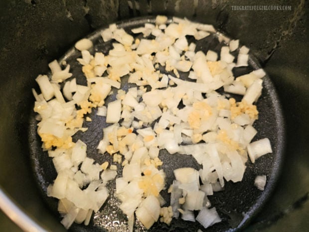 Diced onions and minced garlic are spread on bottom of greased baking pan.