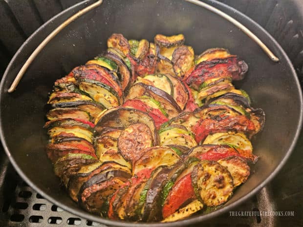 Veggies are browned and tender after the air fryer ratatouille is done cooking.