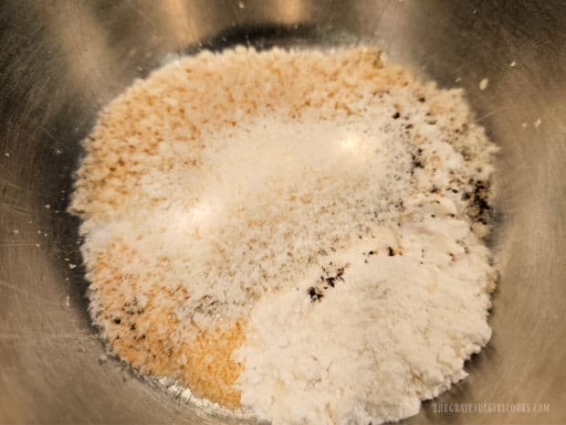 Air Fryer Zucchini Bites (For Two) - The Grateful Girl Cooks! Panko breadcrumbs, flour, Parmesan cheese and spices are combined in bowl.