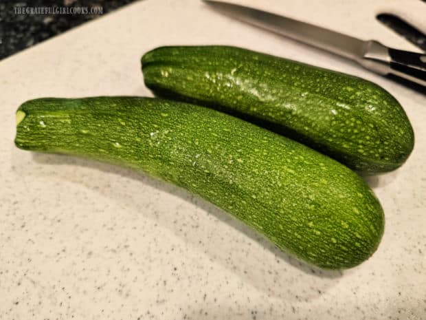 Air Fryer Zucchini Bites (For Two) - The Grateful Girl Cooks! Two small to medium zucchini are used to make air fryer zucchini bites for two.