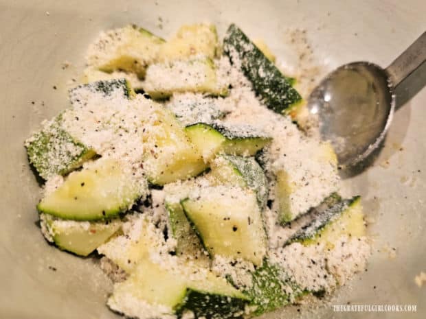 Air Fryer Zucchini Bites (For Two) - The Grateful Girl Cooks! Panko breadcrumb mixture is tossed with the oiled zucchini pieces until it adheres.