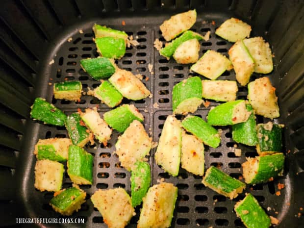 Air Fryer Zucchini Bites (For Two) - The Grateful Girl Cooks! When done cooking, the air fryer zucchini bites for two are crispy and golden.