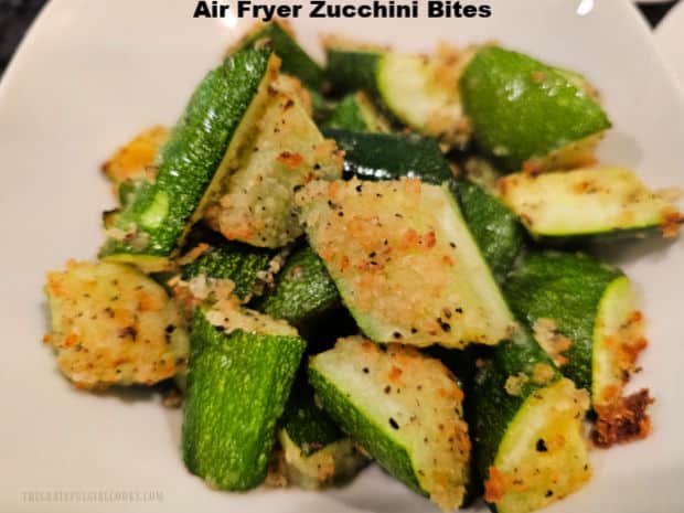 Air Fryer Zucchini Bites (For Two) - The Grateful Girl Cooks! Air Fryer Zucchini Bites For Two is a yummy veggie dish. Zucchini coated with seasoned panko breadcrumbs is air-fried until crispy and golden!