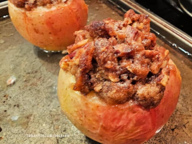 Apples are baked for 35-40 minutes in baking pan with some water in it.