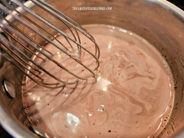 Classic Hot Cocoa For 1 - The Grateful Girl Cooks! The classic hot cocoa for 1 is whisked while it is heated in the saucepan.