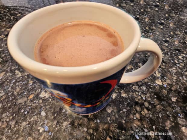 Classic Hot Cocoa For 1 - The Grateful Girl Cooks! The hot cocoa is poured into a mug and is ready to enjoy even without toppings.
