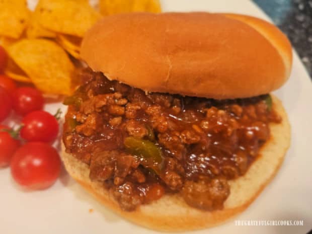 Classic Sloppy Joes are served hot on hamburger buns.
