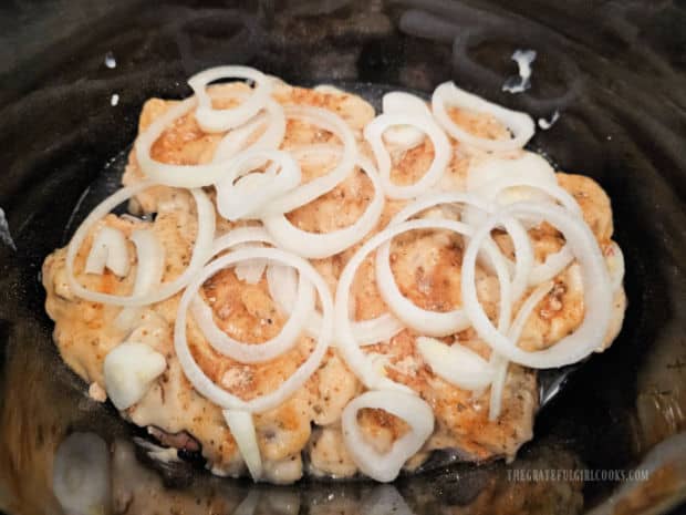 Thinly sliced round onion "rings" are laid on top of the pork chops in the crockpot.