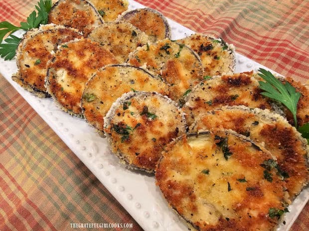 A small platter of Crispy Eggplant Milanese, hot and ready to be served.