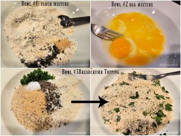 A four-photo collage of the different toppings for the eggplant slices.