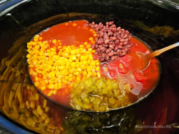 Crockpot Cheesy Enchilada Orzo - The Grateful Girl Cooks! Ingredients for enchilada orzo are added to a slow cooker.