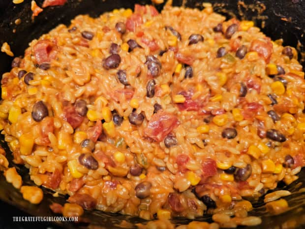 Crockpot Cheesy Enchilada Orzo - The Grateful Girl Cooks! When done, orzo is fully cooked and a lot of the liquid has been absorbed.