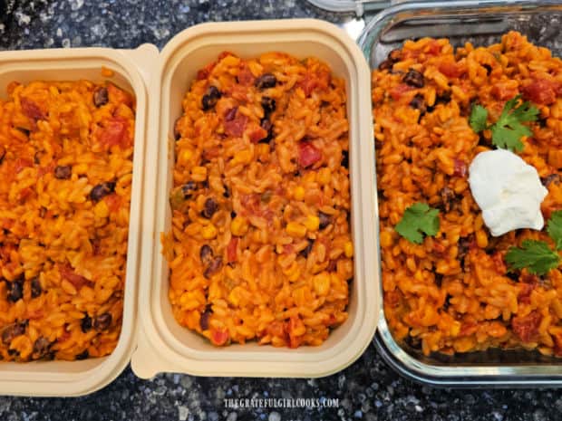 Crockpot Cheesy Enchilada Orzo - The Grateful Girl Cooks! The recipe make a lot! One container to eat immediately, one to give a friend, one to freeze.