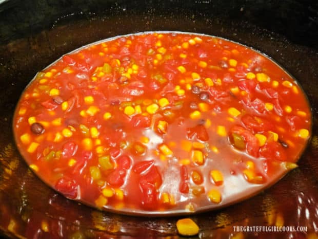 Crockpot Cheesy Enchilada Orzo - The Grateful Girl Cooks! After stirring, all ingredients are combined in the crockpot.
