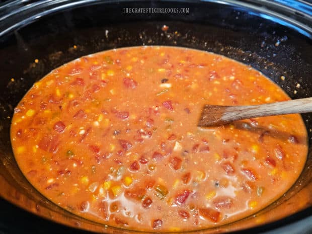Crockpot Cheesy Enchilada Orzo - The Grateful Girl Cooks! After mixing in the cheese, the mixture is ready for the final ingredients.