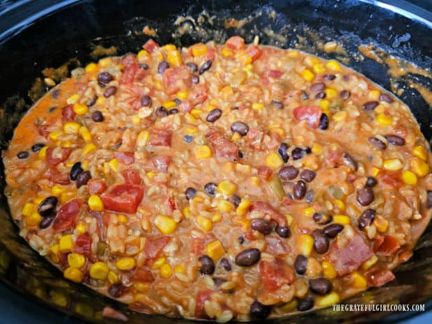 Crockpot Cheesy Enchilada Orzo - The Grateful Girl Cooks! Crockpot cheesy enchilada orzo is cooked for 30 minutes until orzo reaches desired tenderness.