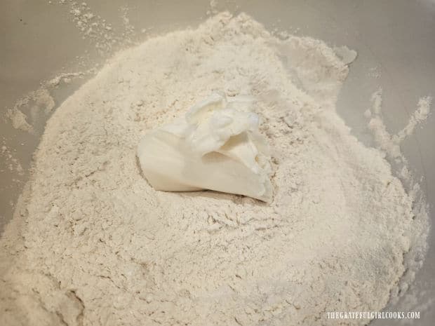 Vegetable shortening is added to the flour mixture.
