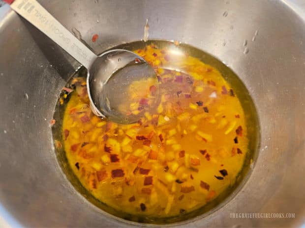 Kimberly's Festive Salad - The Grateful Girl Cooks! Salad dressing ingredients are combined in a small metal bowl.