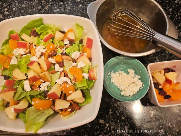 Kimberly's Festive Salad - The Grateful Girl Cooks! Chopped apples added to the salad, with dressing and more toppings on the side.