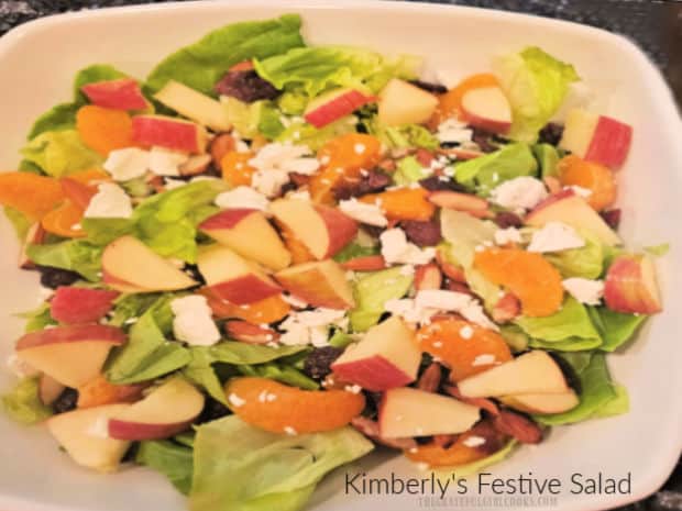 Kimberly's Festive Salad - The Grateful Girl Cooks! Kimberly's Festive Salad is butter lettuce topped with almonds, mandarins, cranberries, feta and apples in a simple lemon/olive oil dressing.