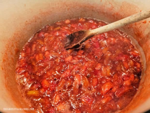 One Jar Strawberry Rhubarb Jam continues to thicken and break down as it cooks.