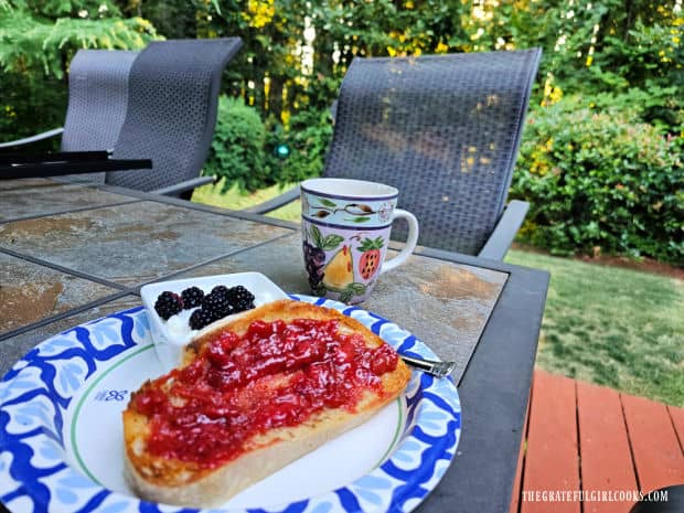 Enjoying one jar strawberry rhubarb jam on toast with yogurt and coffee outside!