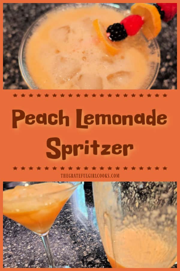 Hot outside? Make Peach Lemonade Spritzer (for two), a family-friendly cold drink with pink lemonade, fresh peaches and lime sparkling water!