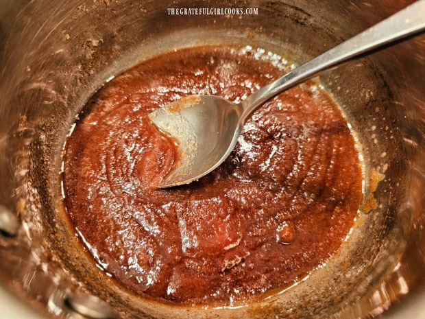 The candied topping is heated until butter melts and mixture is fully combined.