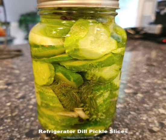 Refrigerator Dill Pickle Slices - The Grateful Girl Cooks! A quart sized jar full of refrigerator dill pickle slices.
