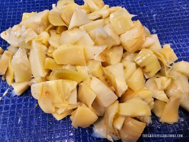 Artichoke Chicken Bake For Two - The Grateful Girl Cooks! The marinated artichoke hearts, after they are chopped into smaller pieces.