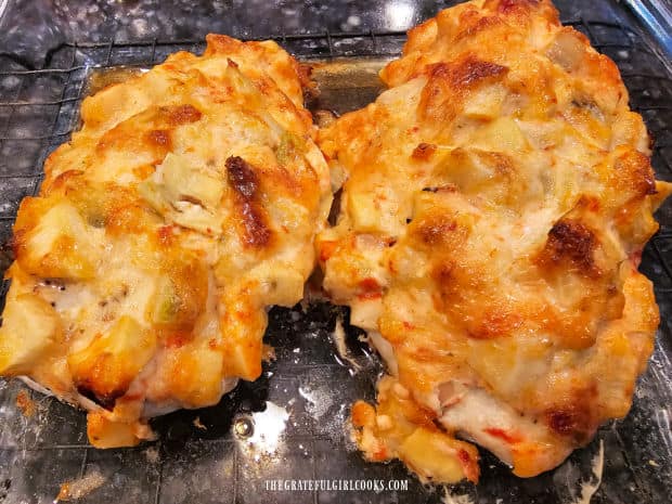 Artichoke Chicken Bake For Two - The Grateful Girl Cooks! Once fully cooked, the artichoke chicken bake for two is golden brown and cooked through.