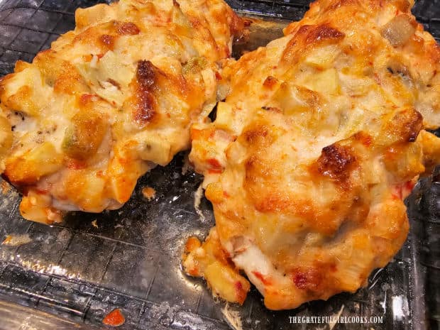 Artichoke Chicken Bake For Two - The Grateful Girl Cooks! Chicken rests 2-3 minutes after baking to let internal juices redistribute in the meat.