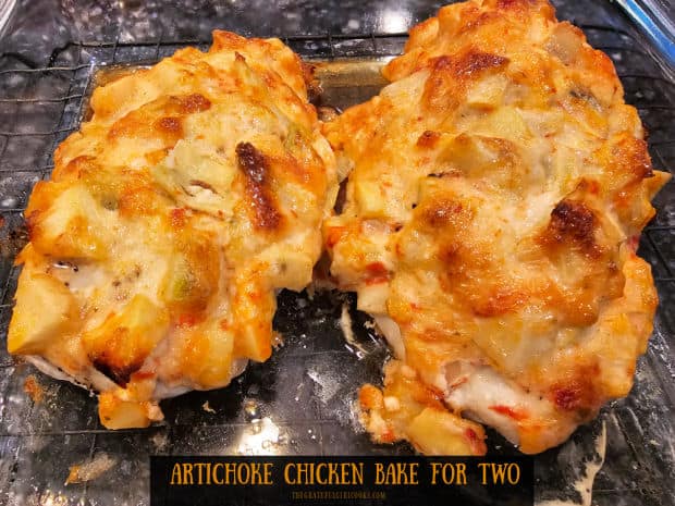 Artichoke Chicken Bake For Two - The Grateful Girl Cooks! Artichoke Chicken Bake For Two is easy and delicious! Chicken breasts are topped with artichoke hearts, red peppers, Parmesan and garlic!