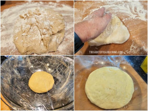Four photo collage showing dough, kneading dough, and resting/rising of the dough.