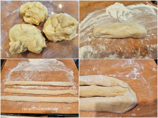 Another 4-photo collage showing challah bread dough divided/rolled into 18" ropes.